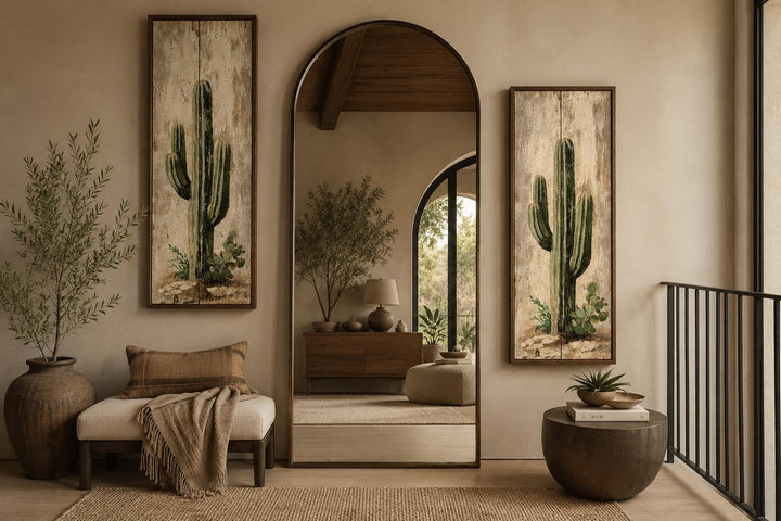 Saguaro Cactus Painting | Set of 2 Vertical Narrow Wall Art - Rustic Desert Canvas Prints
