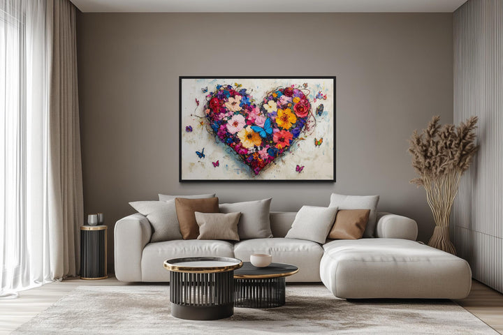 Pink Floral Heart With Butterflies Wall Art - Colorful Romantic Graffiti Canvas Print For Living Room Or Bedroom