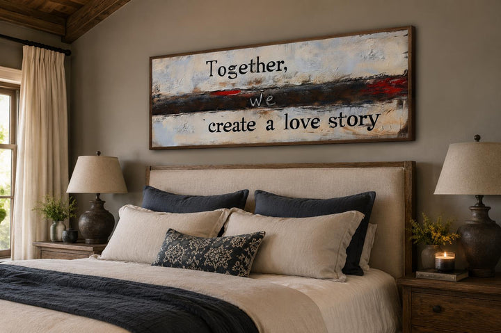 Above bed wall art featuring the romantic quote Together We Create A Love Story on abstract canvas.