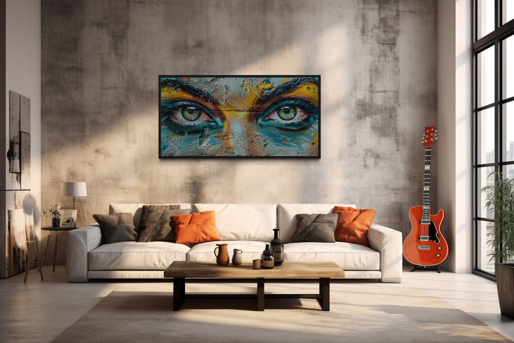 Trippy Eyes Graffiti Painting Framed Large Canvas Wall Decor in music room