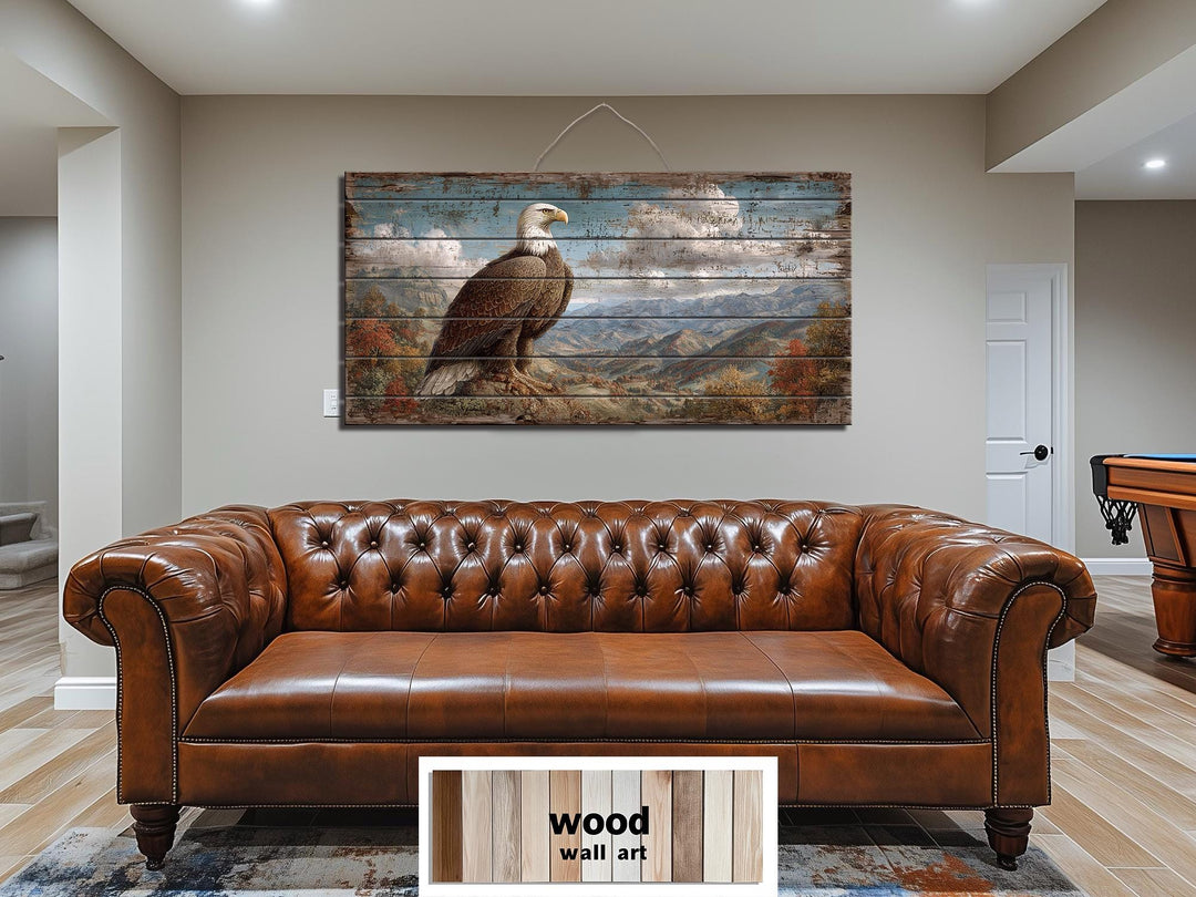 Rustic Bald Eagle Mountain Landscape Distressed Wood Wall Art