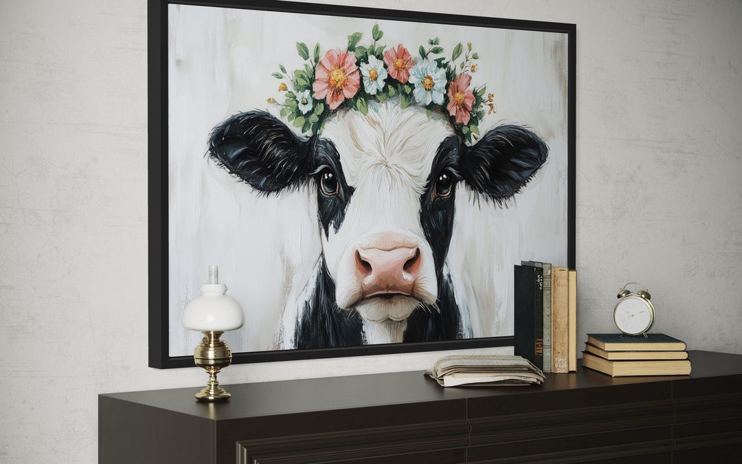 Cow With Floral Wreath Canvas Wall Art – Rustic Farmhouse Floral Decor