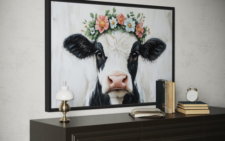 Cow With Floral Wreath Canvas Wall Art – Rustic Farmhouse Floral Decor