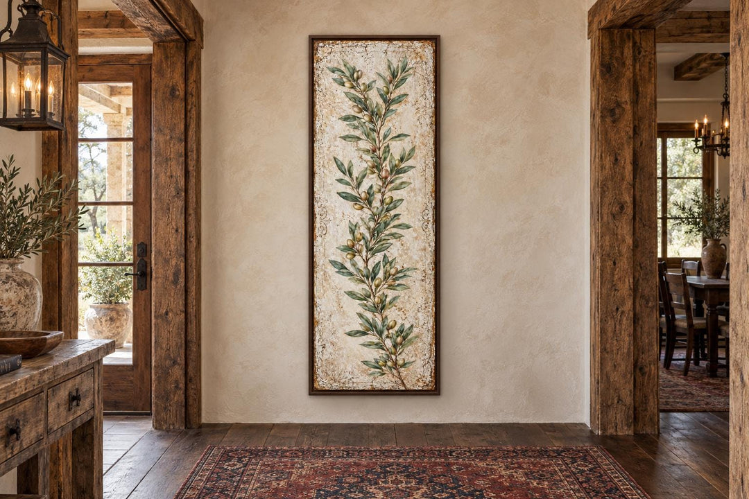 Tall vertical canvas wall art featuring a green olive branch on a textured, aged cream background.