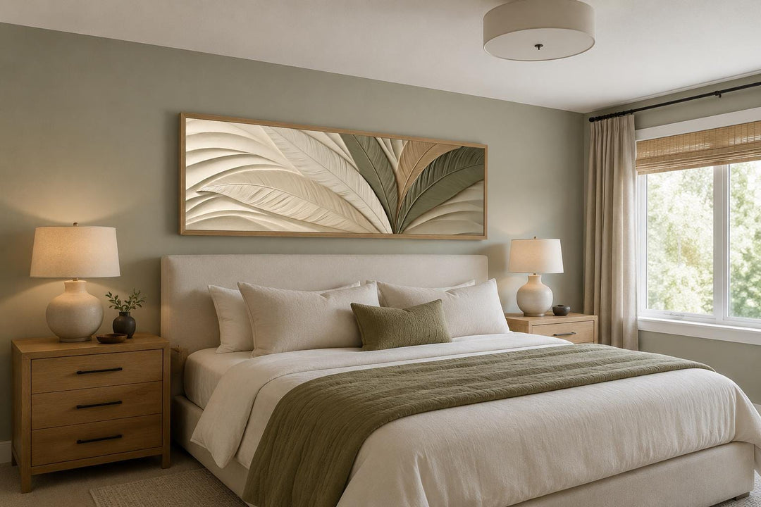 Sculptural Palm Leaf Canvas Print in Warm Cream, Olive, and Tan Tones Above Bed Decor