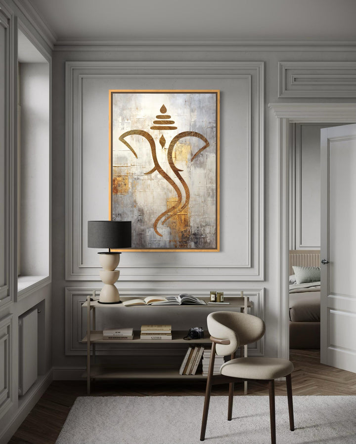 Minimalist gold Lord Ganesha canvas wall art in a modern room with white paneled walls.