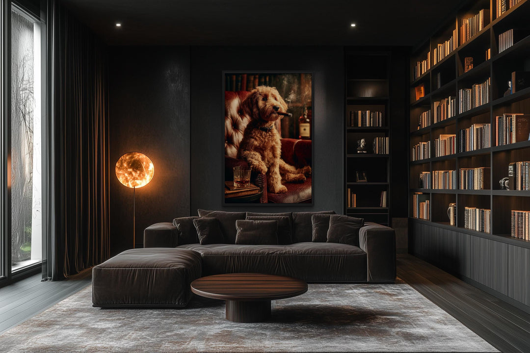 Red Brown  Goldendoodle Dog Drinking Whiskey and Smoking Cigar Canvas Wall Art