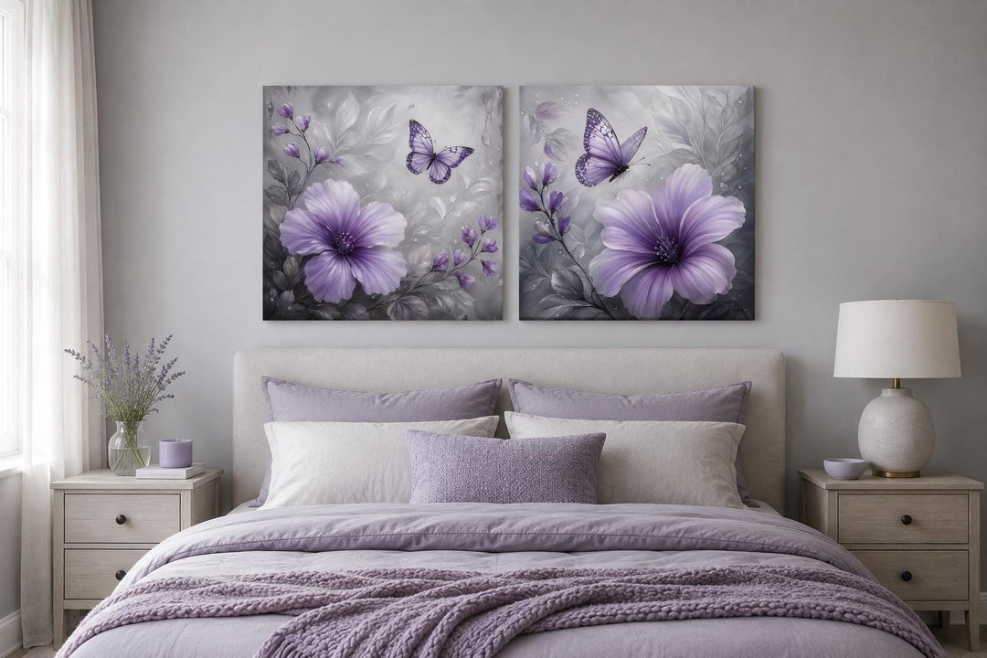 Set of 2 purple hibiscus flower canvases with butterflies on a moody gray floral background.