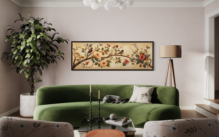 Birds On A Branch Long Horizontal Antique Framed Tapestry Canvas Wall Art in a living room filled with furniture