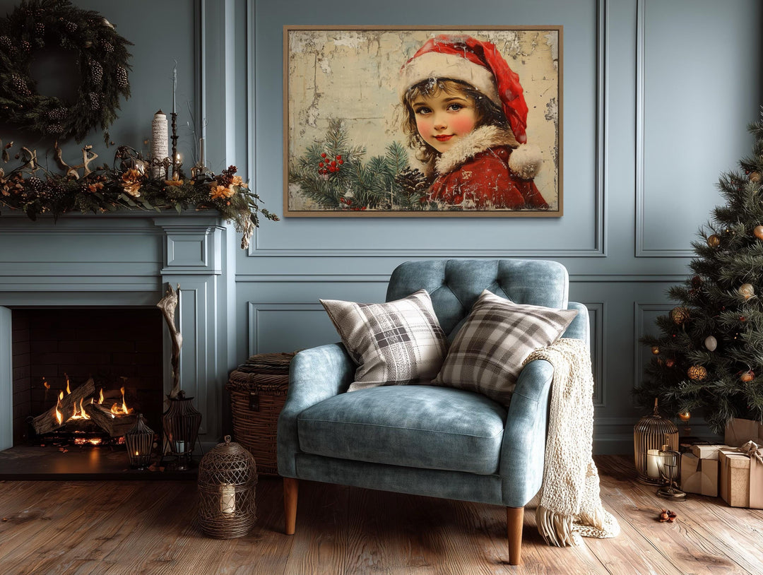 Vintage Christmas Girl in Red Santa Hat Canvas Wall Art