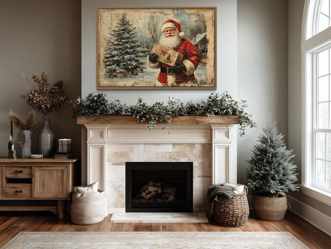 Vintage Santa With Christmas Tree and Gifts Framed Canvas Wall Art