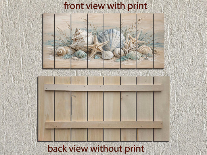 Seashells and starfish watercolor print on distressed wood planks, front and back views.