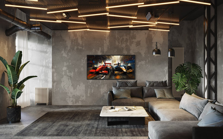 Two Race Cars On Race Track Graffiti Abstract Painting Framed Canvas Wall Art in a living room filled with furniture