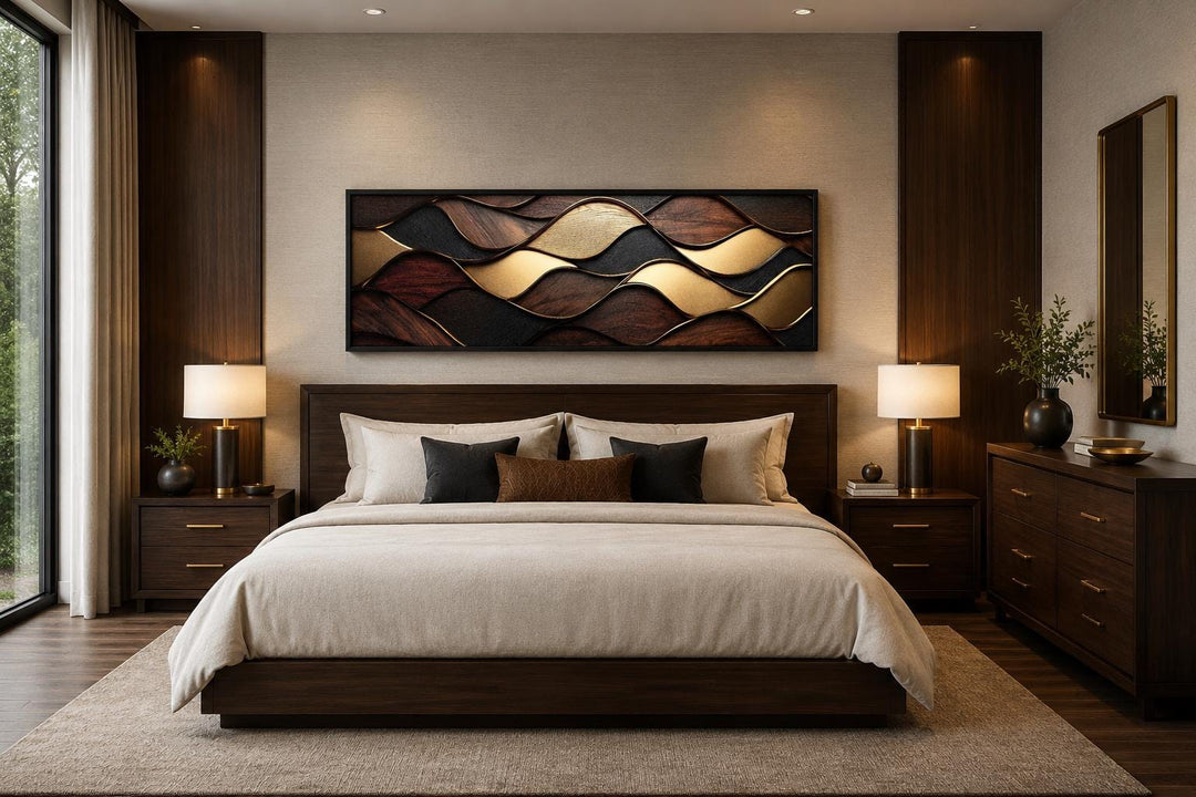 Long horizontal abstract wood texture canvas wall art with brown and gold waves above a bed.