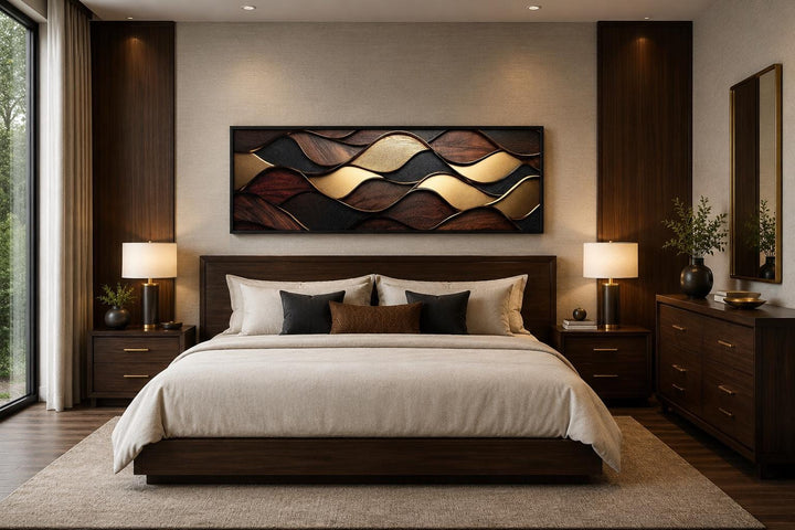 Long horizontal abstract wood texture canvas wall art with brown and gold waves above a bed.