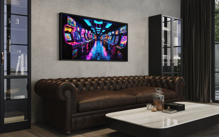 Retro Arcade Painting Game Room Framed Canvas Wall Art in a living room with a couch and a table