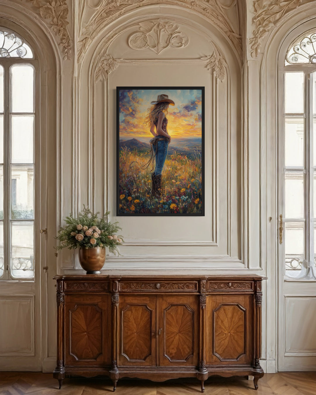 Cowgirl In Wildflowers Field At Sunset Framed Canvas Wall Art