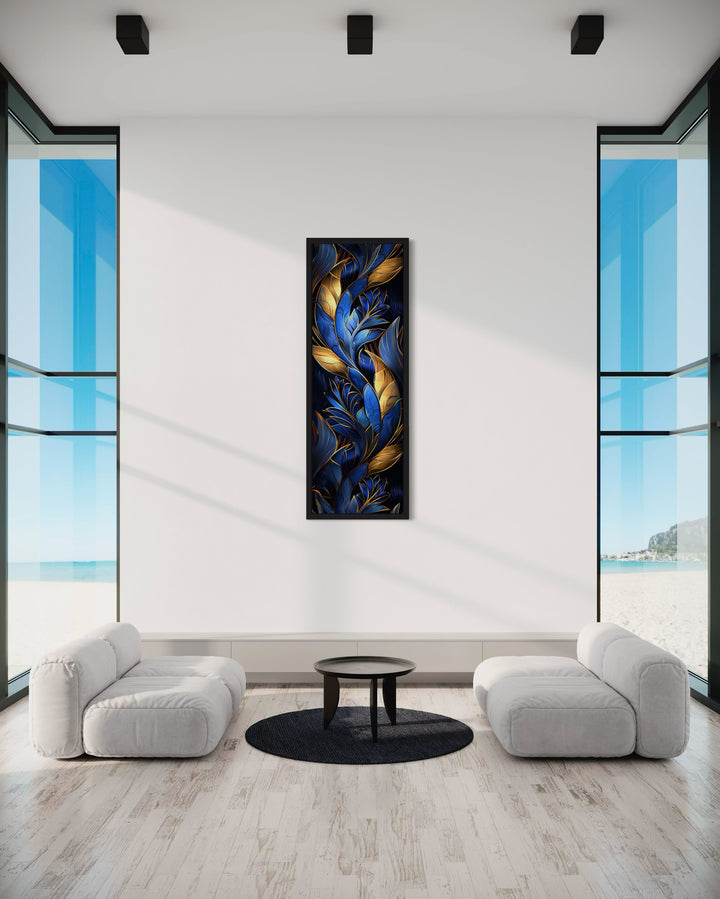 Tall Narrow Navy Blue Gold Art Deco Framed Canvas Wall Art in living room