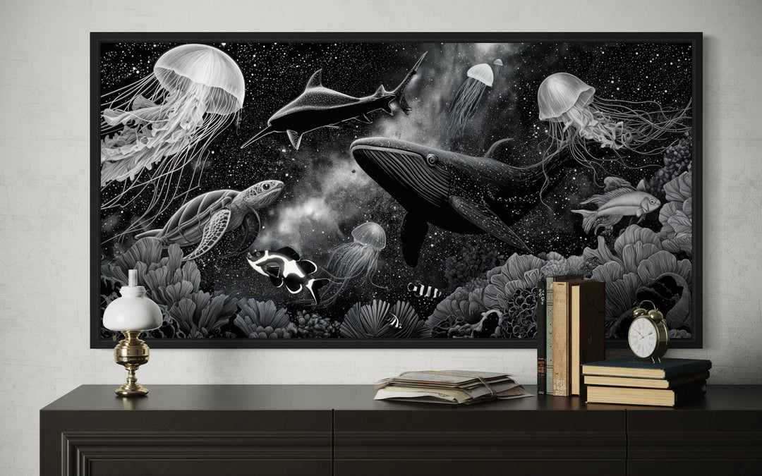 Black and White Underwater Ocean Scene Canvas Wall Art – Whale, Jellyfish, Sea Turtle, Coral Reef