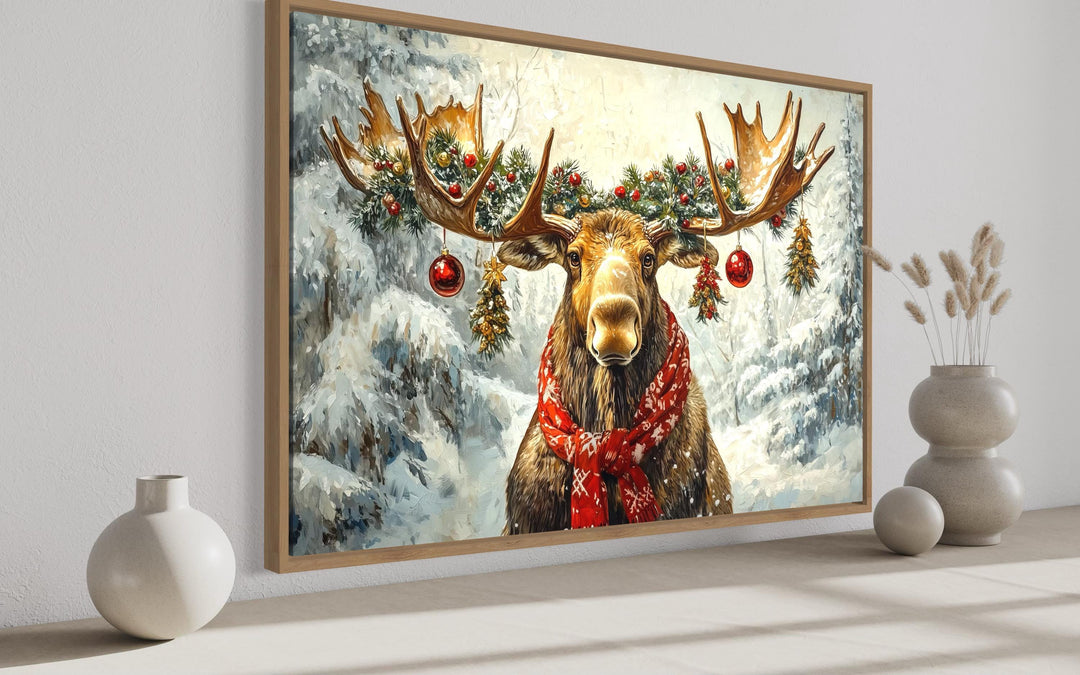 Christmas Moose With Red Scarf And Ornaments Canvas Wall Art