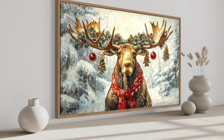 Christmas Moose With Red Scarf And Ornaments Canvas Wall Art