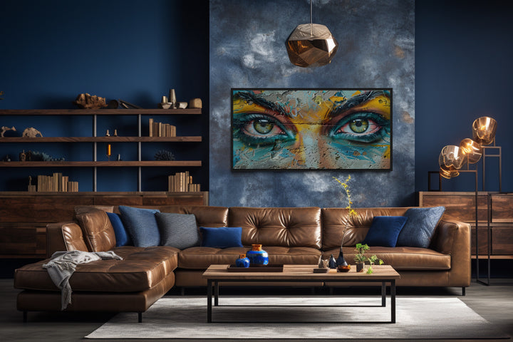 Trippy Eyes Graffiti Painting Framed Large Canvas Wall Decor in a living room filled with furniture and a painting on the wall