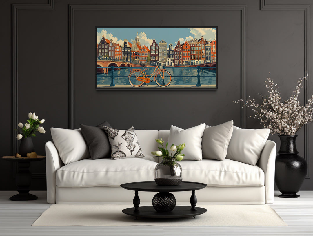 Amsterdam Canal And Bicycle Canvas Wall Art in a living room with a white couch