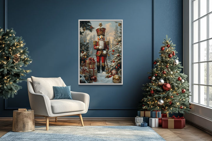 Nutcracker Under Christmas Tree Framed Canvas Wall Art in christmas room