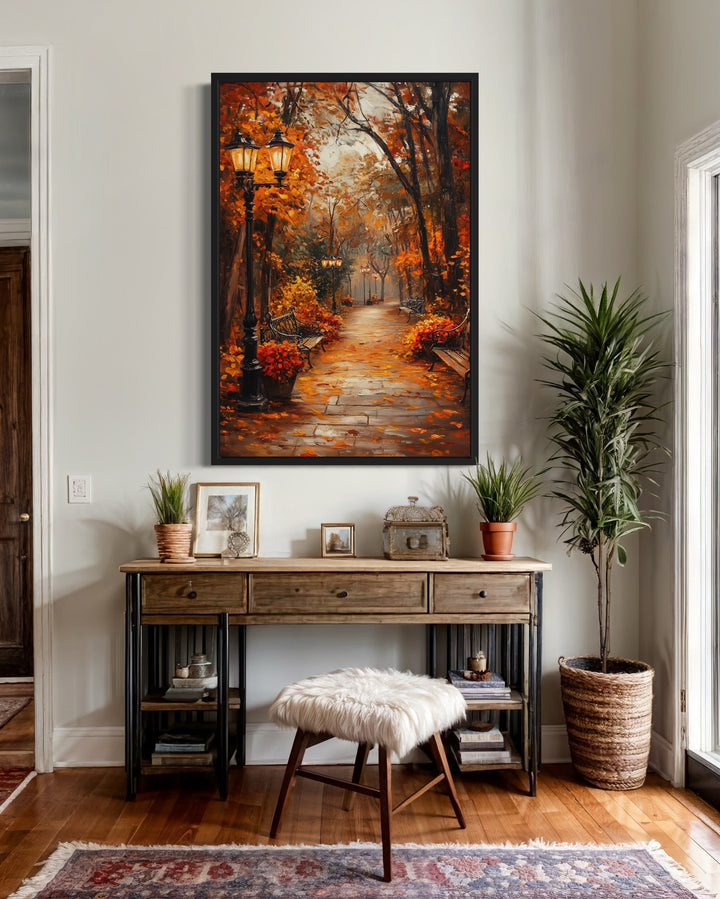 Autumn Street In The Park Framed Canvas Wall Art above a dresser