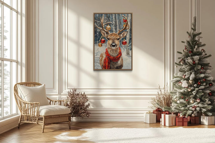 Christmas Reindeer With Red Scarf And Ornaments Canvas Wall Art