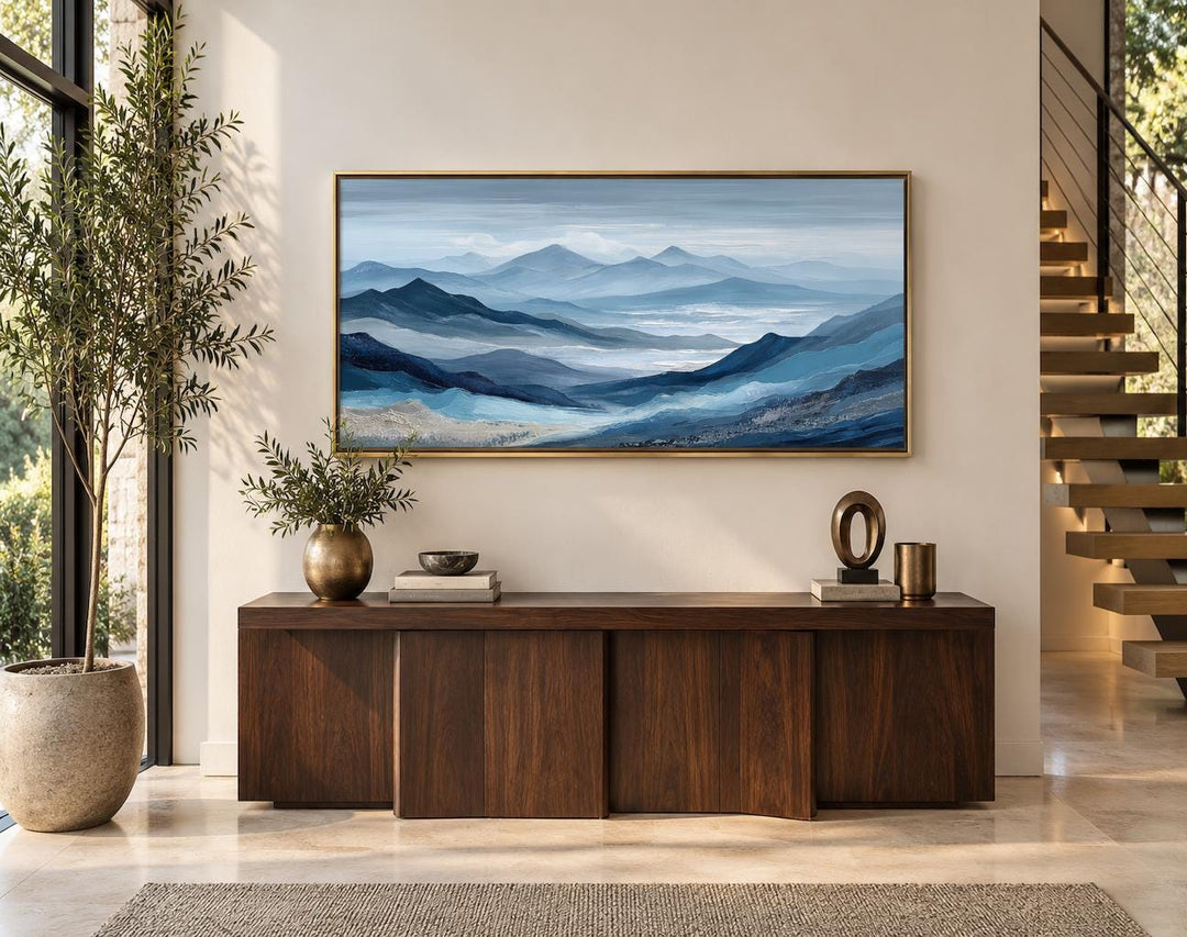 Blue Mountain Serene Nature Landscape Canvas Wall Art above a dark wood console table.
