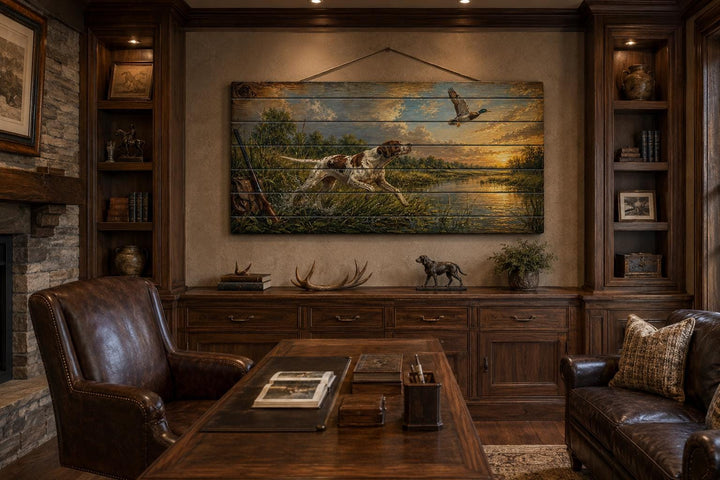 Hunting dog chasing a duck at sunset on distressed wood wall art in a rustic office setting.