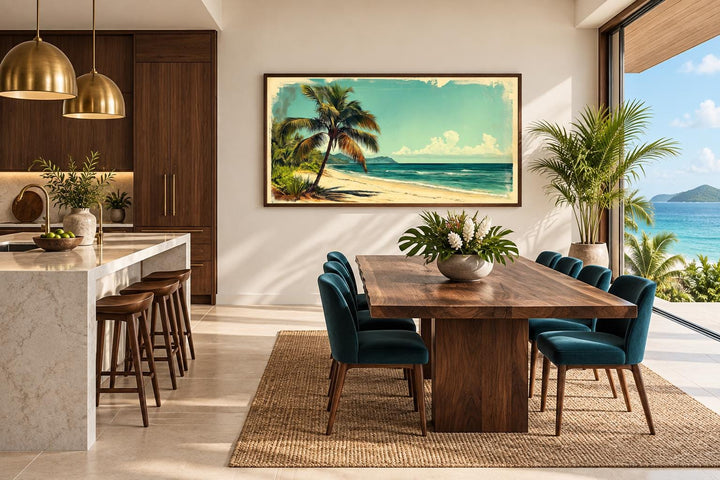 Vintage Style  Tropical Beach With Palm Tree Canvas Wall Art