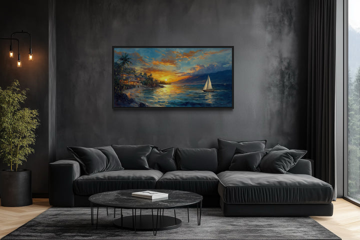 Jamaican Sunset Beach With Sailboat Framed Canvas Wall Art