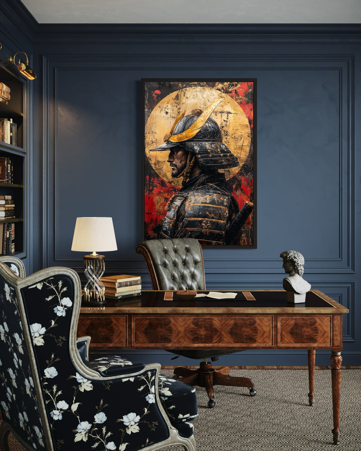 Modern Samurai Portrait With Full Moon Framed Canvas Wall Art in the home office