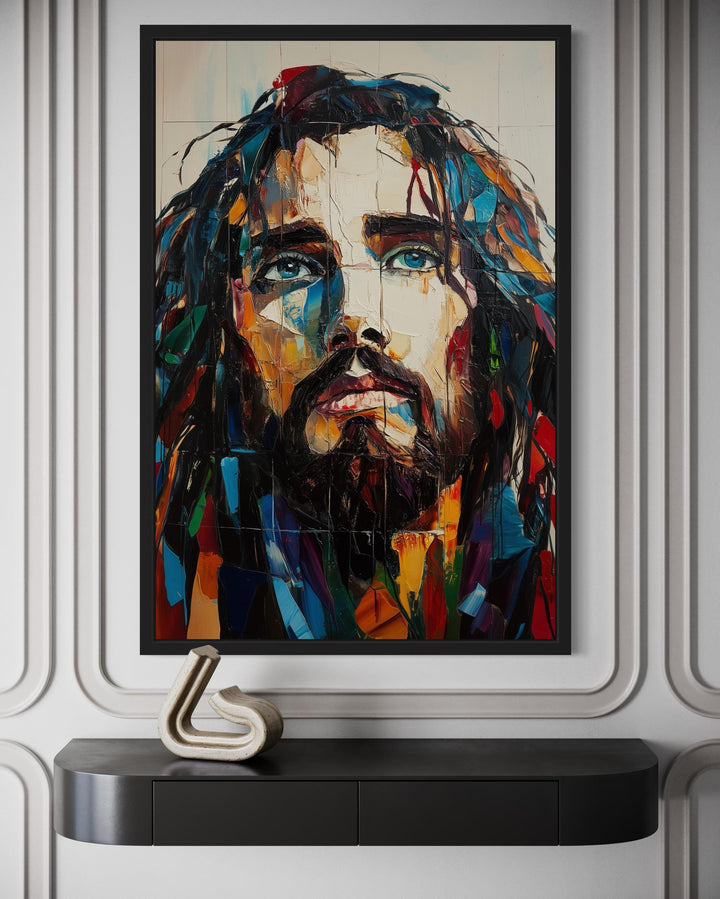 Modern Jesus Canvas Art – Abstract Colorful Christian Wall Decor with Floating Frame