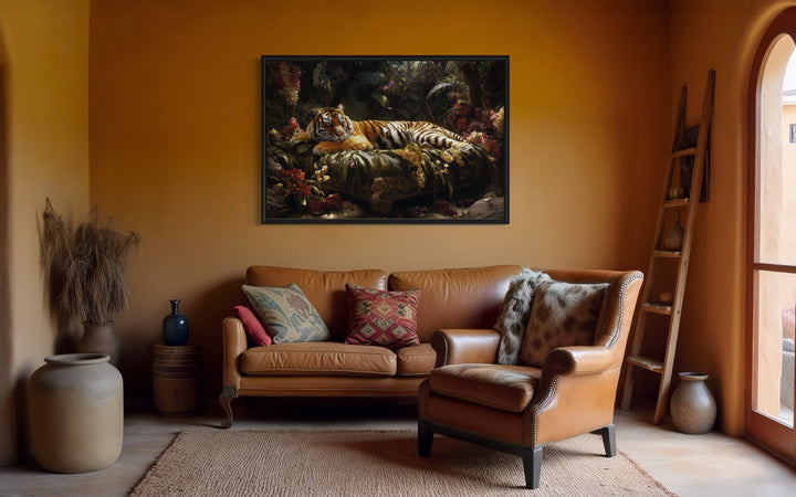 Tiger Sleeping In The Jungle Framed Canvas Wall Art in a living room filled with furniture