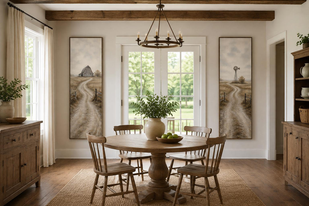 Set of 2 tall narrow farmhouse wall art panels featuring a barn and windmill in golden fields.