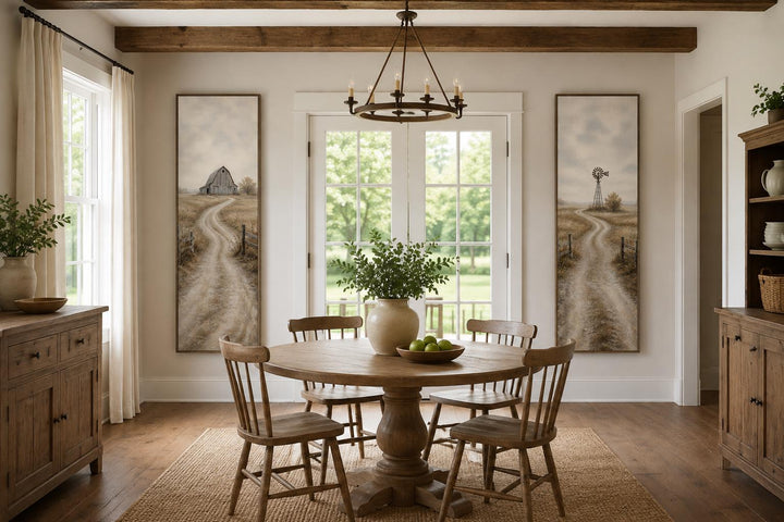 Set of 2 tall narrow farmhouse wall art panels featuring a barn and windmill in golden fields.