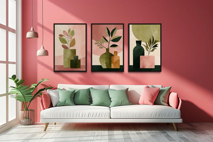 Set of 3 Framed Minimalist Botanical Blush Pink and Olive Green Vases With Leaves Wall Art