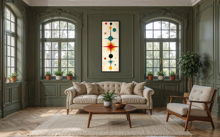 Vertical narrow mid-century modern wall art featuring an abstract atomic starburst print.
