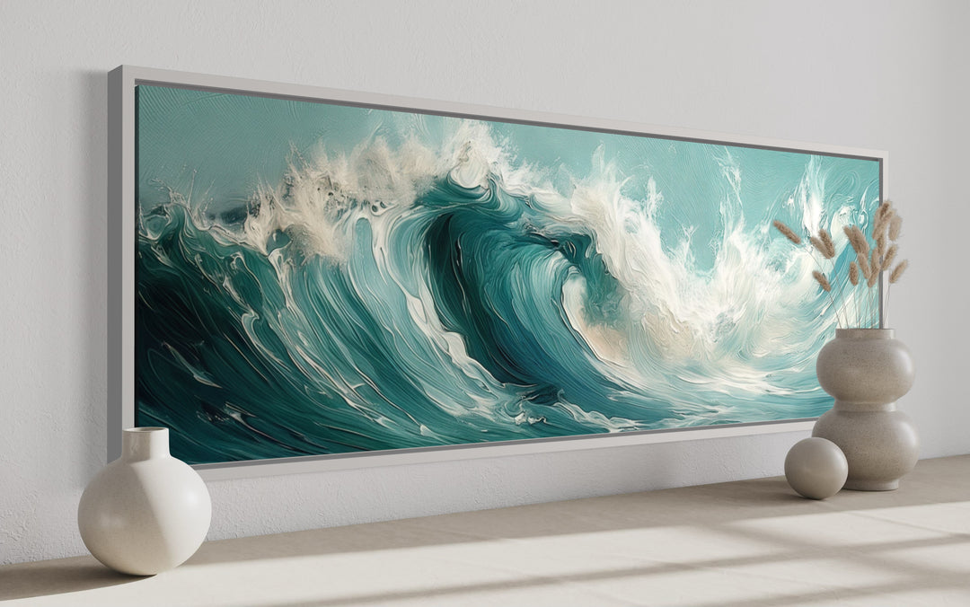 Teal Ocean Wave Coastal Horizontal Framed Canvas Wall Art side view