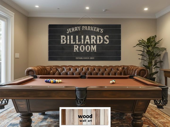 Custom Billiards Wall Art - Distressed Wood Sign | Personalized Pool Table Decor