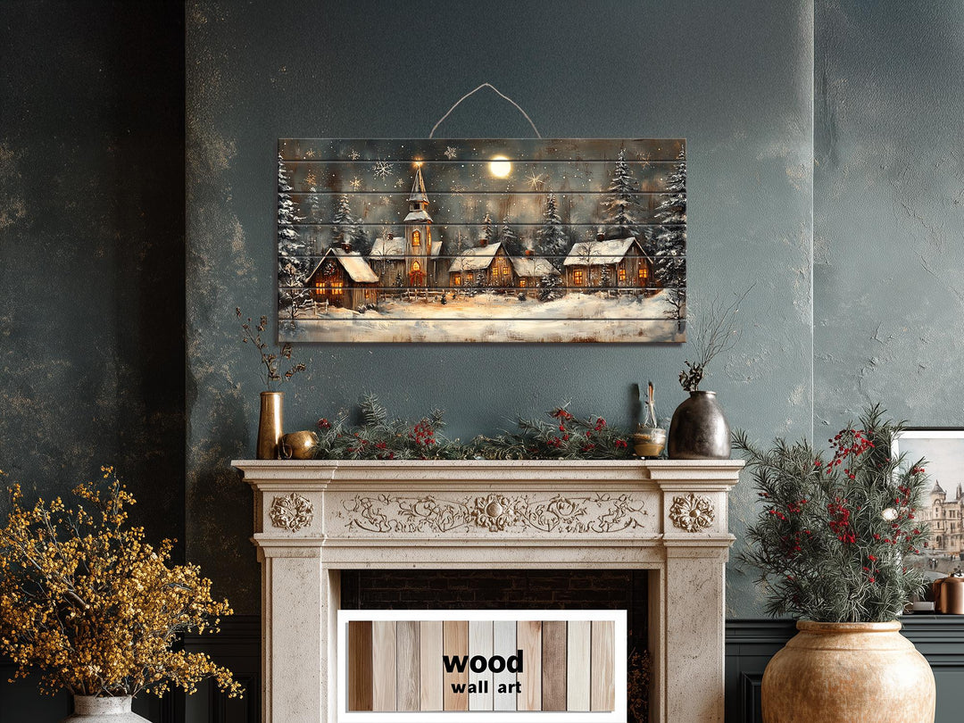 Rustic Christmas Snowy Village Distressed Wood Wall Art