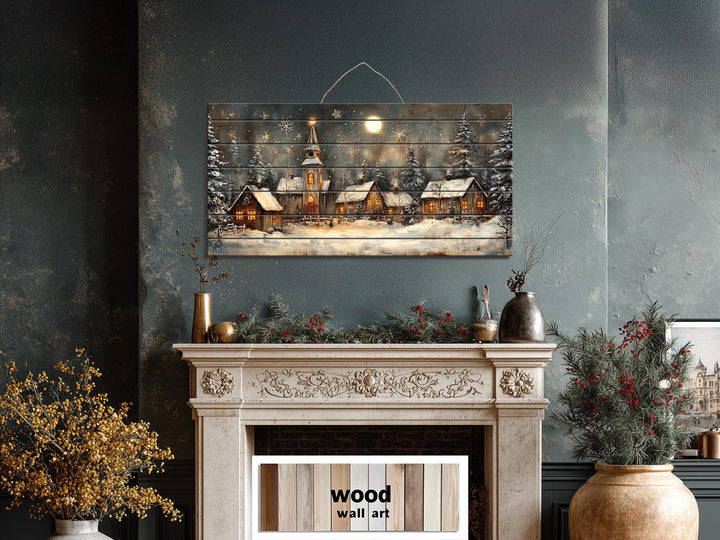 Rustic Christmas Snowy Village Distressed Wood Wall Art