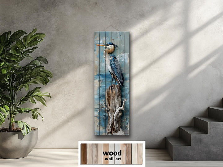 Vertical Blue Heron Wall Art - Distressed Wood Coastal Decor for Lake House