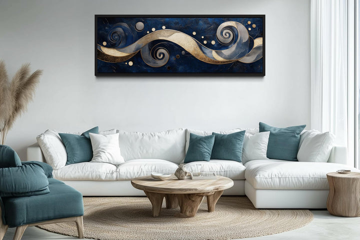 Navy and Gold Abstract Swirl Canvas Art - Elegant Galaxy-Inspired Horizontal Print for Modern Living Room Decor