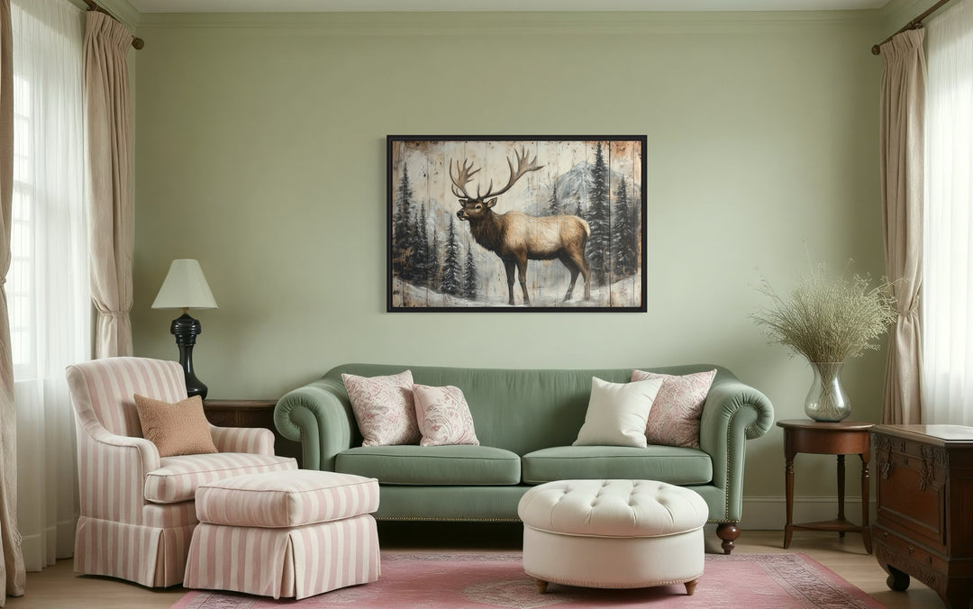 Elk In Winter Fir Tree Forest Painted On Wood Rustic Framed Canvas Wall Art above green couch