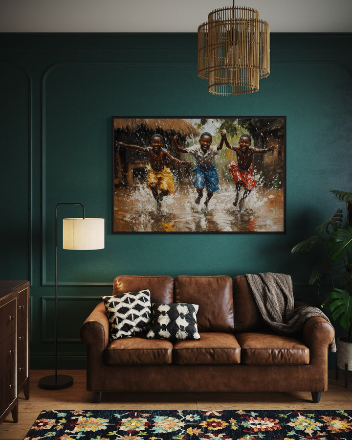 Happy African Boys Dancing In Rain Framed Canvas Wall Art in a living room with a couch