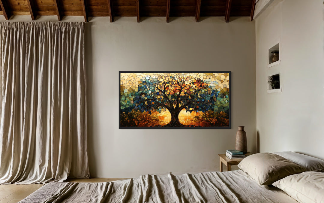 Yggdrasil - Stained Glass Style Tree Of Life Canvas Wall Art in bedroom